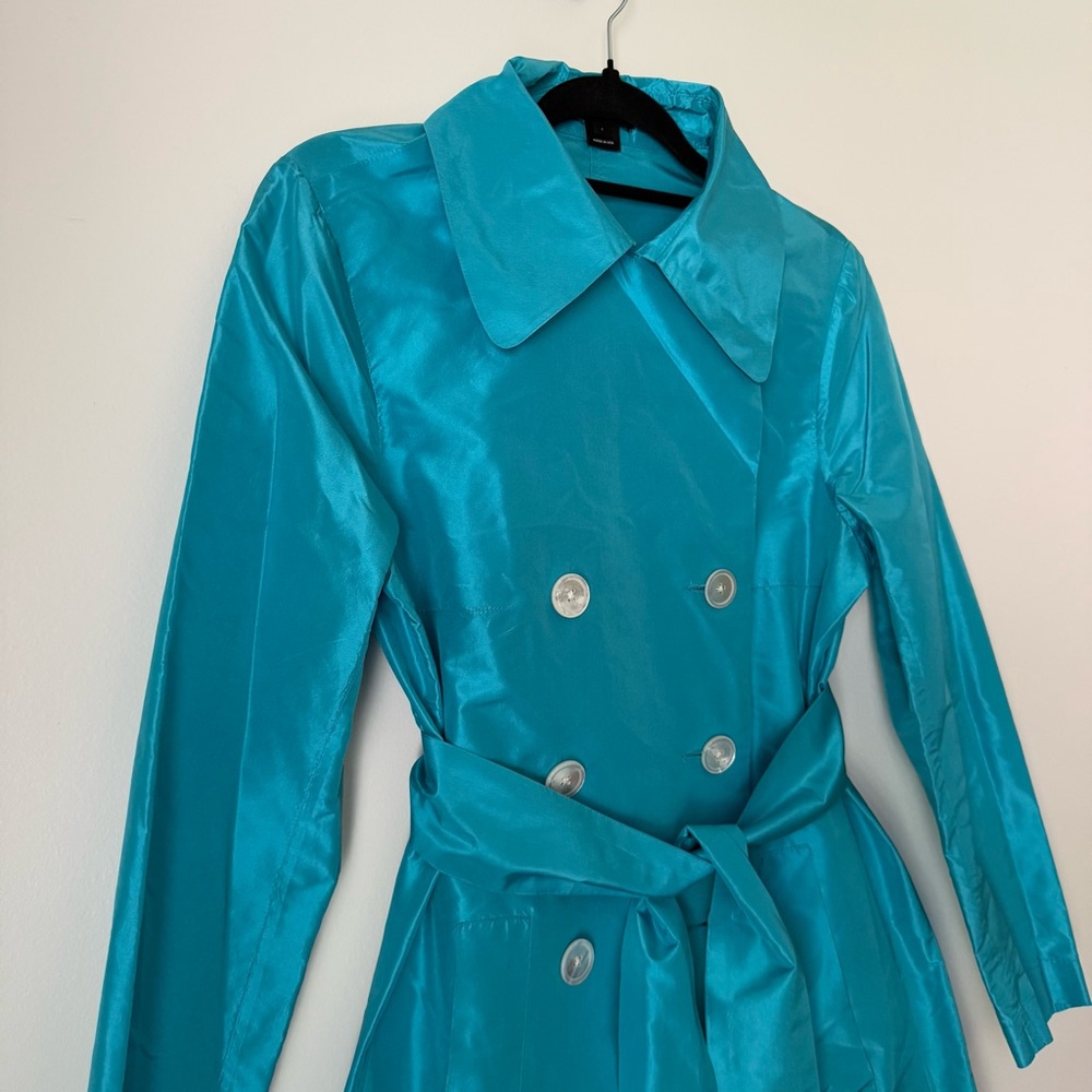 As Four Kate Spade 2005 Collab 100% Silk Teal Short Double-Breasted Trench Coat - Picture 2 of 14